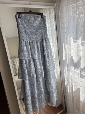 Smocked Tiered Dress in Light Blue Floral